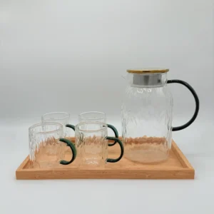 Glass Pitcher Set with 6 Cups and Wooden Tray - 51oz (1.5L)