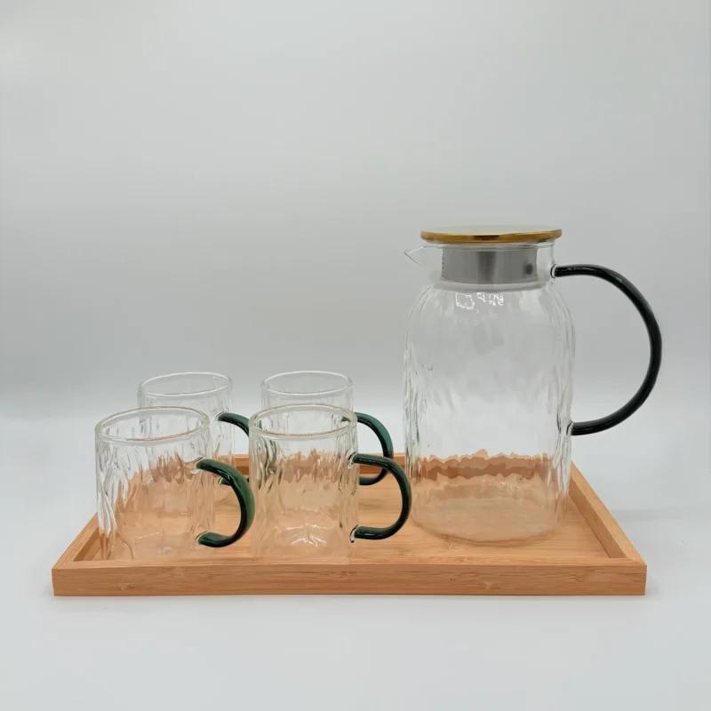 Glass Pitcher Set with 6 Cups and Wooden Tray - 51oz (1.5L)