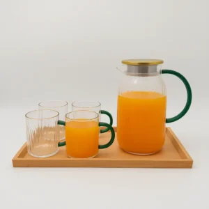 Glass Pitcher Set with 6 Cups and Wooden Tray - 51oz (1.5L)