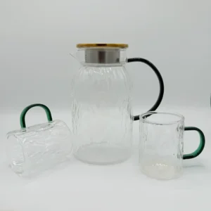 Glass Pitcher Set with 6 Cups and Wooden Tray - 51oz (1.5L)