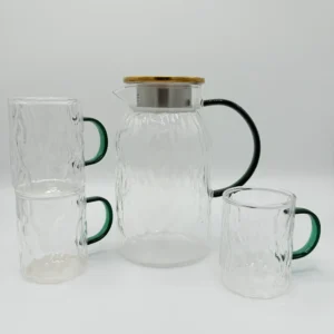Glass Pitcher Set with 6 Cups and Wooden Tray - 51oz (1.5L)