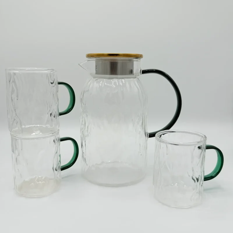 Glass Pitcher Set with 6 Cups and Wooden Tray - 51oz (1.5L)