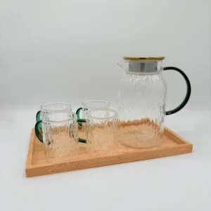 Glass Pitcher Set with 6 Cups and Wooden Tray - 51oz (1.5L)