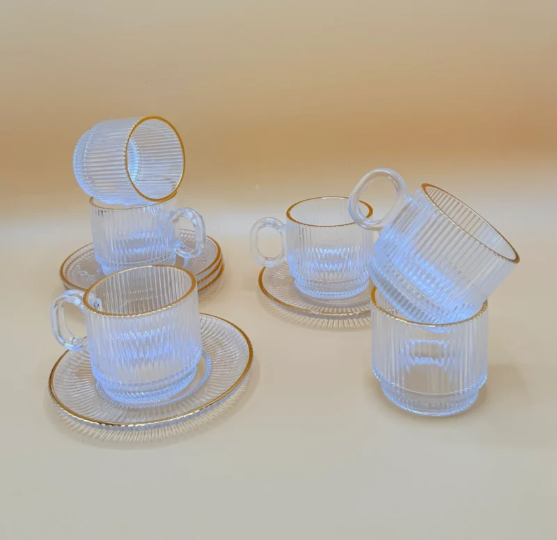 Set of 6 Ribbed Glass Teacups Clear Gold Rim with Saucers 6 oz