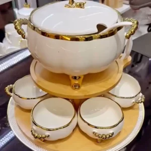 Luxury Ceramic Soup Bowl Set with Stand and Spoons - 15 Piece Serving Set (Black, Cream, Mocha, White)