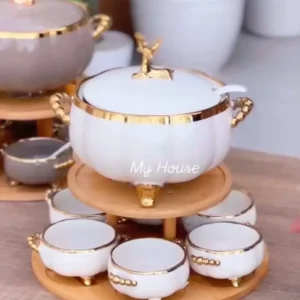 Luxury Ceramic Soup Bowl Set with Stand and Spoons - 15 Piece Serving Set (Black, Cream, Mocha, White)