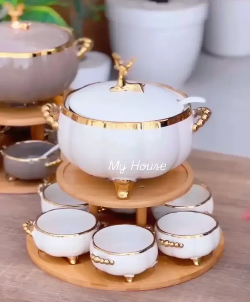 Luxury Ceramic Soup Bowl Set with Stand and Spoons - 15 Piece Serving Set (Black, Cream, Mocha, White)