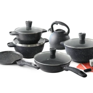 12-Piece Black Granite Cookware Set with Kettle and Tools