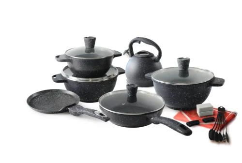 12-Piece Black Granite Cookware Set with Kettle and Tools