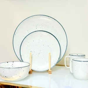 24-Piece Speckled Ceramic Dinnerware Set – Plates, Bowls & Mugs (White, Blue, Lemon)