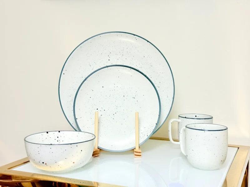 24-Piece Speckled Ceramic Dinnerware Set – Plates, Bowls & Mugs (White, Blue, Lemon)