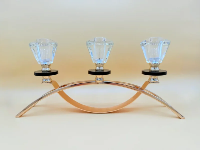 3-arm-crystal-candle-holder-wood Crystal Glass Triple Candle Holder - Elegant Arch Design with Gold Base