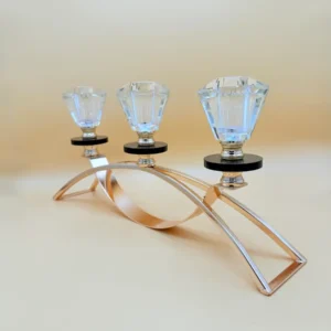 3-arm-crystal-candle-holder-wood-side-view Crystal Glass Triple Candle Holder - Elegant Arch Design with Gold Base