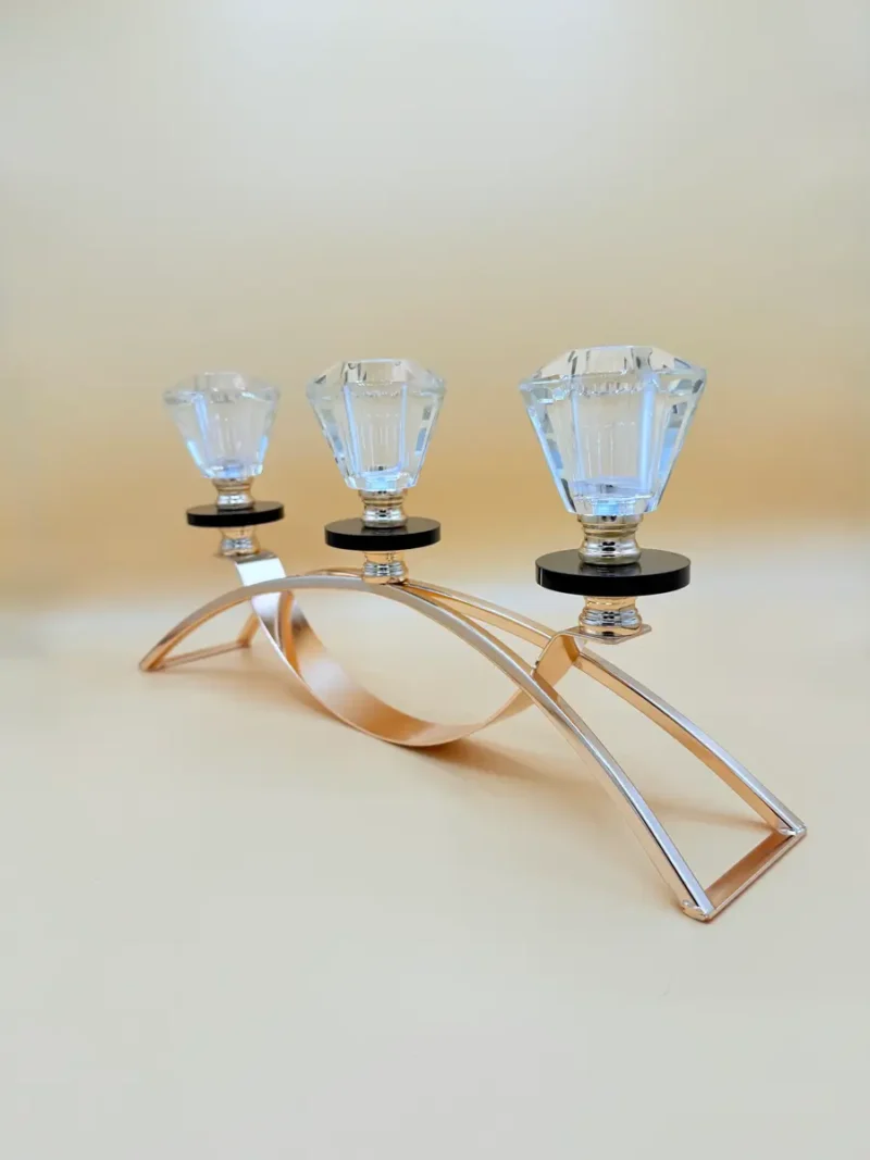 3-arm-crystal-candle-holder-wood-side-view Crystal Glass Triple Candle Holder - Elegant Arch Design with Gold Base