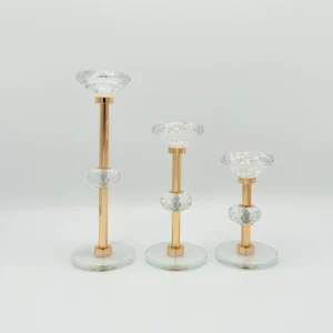 3-Piece Gold Crystal Candle Holder Set with Glass Base - Decorative Taper Holders