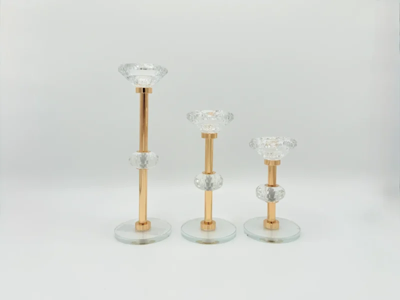 3-Piece Gold Crystal Candle Holder Set with Glass Base - Decorative Taper Holders