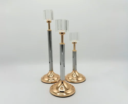 3-piece-gold-silver-glass-candle-holder-set-modern-stand-front 3-Piece Gold & Silver Glass Candle Holder Set - Modern Taper Stand Design