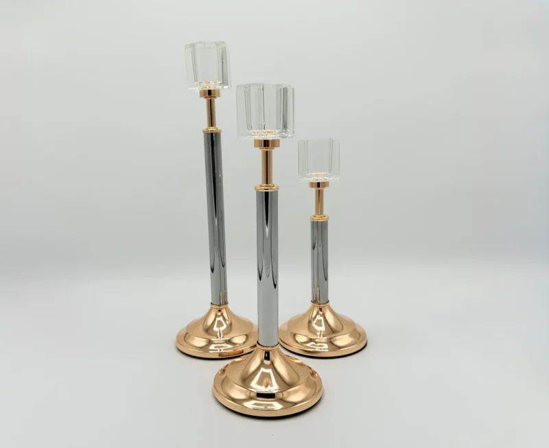 3-Piece Gold & Silver Glass Candle Holder Set - Modern Taper Stand Design