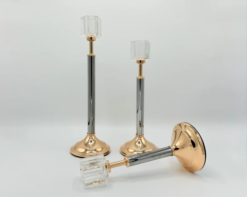 3-Piece Gold & Silver Glass Candle Holder Set - Modern Taper Stand Design