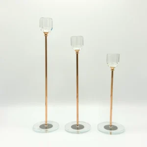 3-Piece Rose Gold Glass Candle Holder Set with Clear Round Base - Modern Tall Design