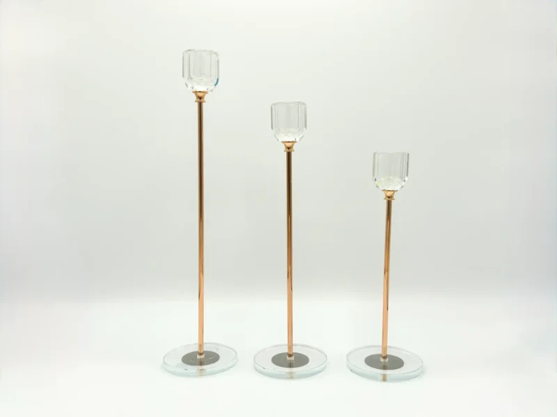 3-Piece Rose Gold Glass Candle Holder Set with Clear Round Base - Modern Tall Design