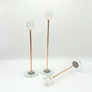 3-Piece Rose Gold Glass Candle Holder Set with Clear Round Base - Modern Tall Design