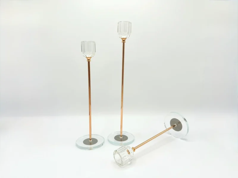 3-Piece Rose Gold Glass Candle Holder Set with Clear Round Base - Modern Tall Design