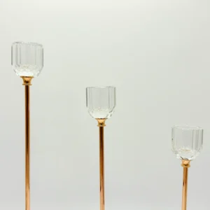 3-Piece Rose Gold Glass Candle Holder Set with Clear Round Base - Modern Tall Design