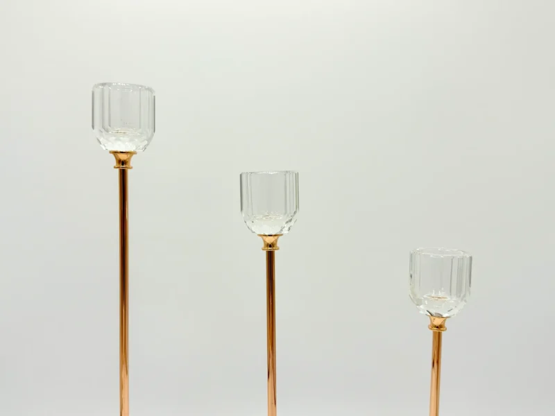 3-Piece Rose Gold Glass Candle Holder Set with Clear Round Base - Modern Tall Design