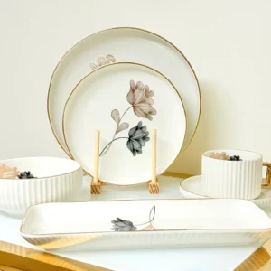 32-Piece Floral Ceramic Dinnerware Set with Gold Trim - Plates, Bowls, Cups & Serving Plates