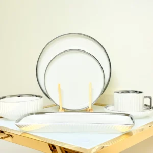 32-Piece White Ribbed Ceramic Dinnerware Set with Gold or Silver Trim - Plates, Bowls, Cups & Serving Plates