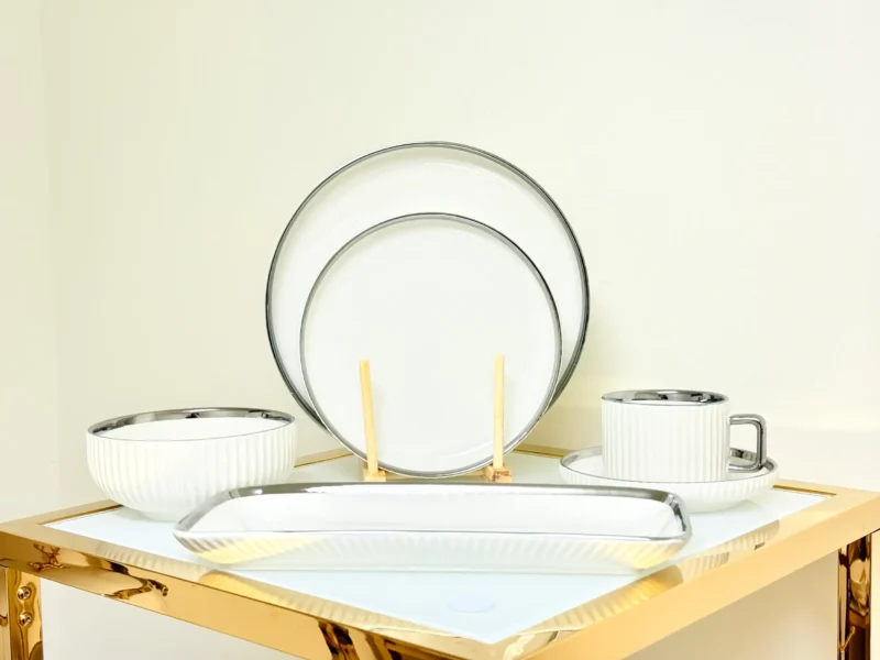 32-Piece White Ribbed Ceramic Dinnerware Set with Gold or Silver Trim - Plates, Bowls, Cups & Serving Plates