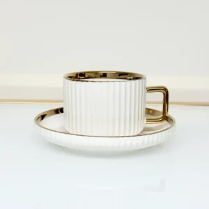 32-Piece White Ribbed Ceramic Dinnerware Set with Gold or Silver Trim - Plates, Bowls, Cups & Serving Plates