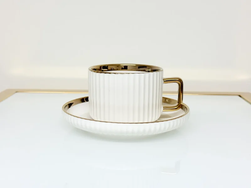 32-Piece White Ribbed Ceramic Dinnerware Set with Gold or Silver Trim - Plates, Bowls, Cups & Serving Plates