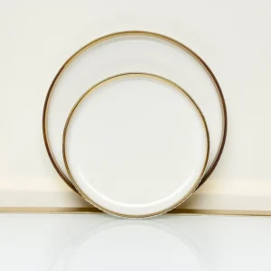 32-Piece White Ribbed Ceramic Dinnerware Set with Gold or Silver Trim - Plates, Bowls, Cups & Serving Plates