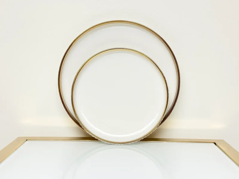 32-Piece White Ribbed Ceramic Dinnerware Set with Gold or Silver Trim - Plates, Bowls, Cups & Serving Plates