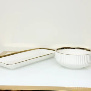 32-Piece White Ribbed Ceramic Dinnerware Set with Gold or Silver Trim - Plates, Bowls, Cups & Serving Plates