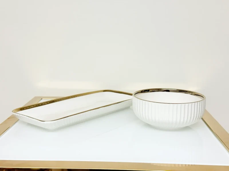 32-Piece White Ribbed Ceramic Dinnerware Set with Gold or Silver Trim - Plates, Bowls, Cups & Serving Plates