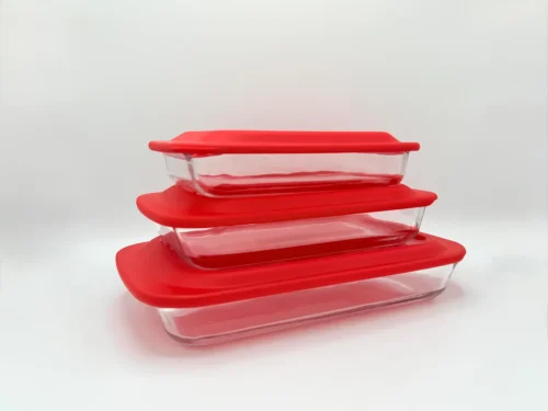 3pc-glass-bakeware-serveware-set-red-silicone-lids-all 3-Piece Serveware & Bakeware Glass Set with Red Silicone Lids - Oven & Microwave Safe