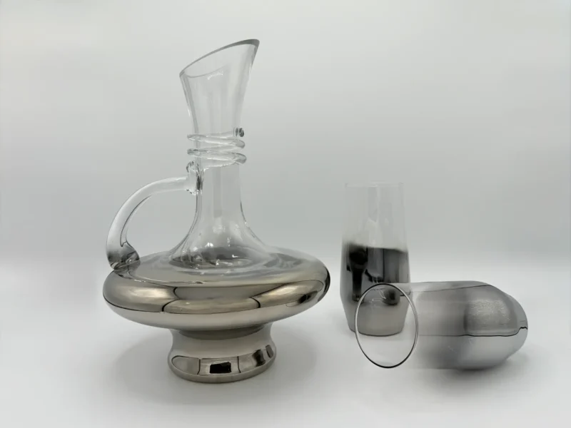 57oz Glass Carafe Pitcher Set with 6 Smoky 16oz Cups - Modern Silver Base (1.7L)