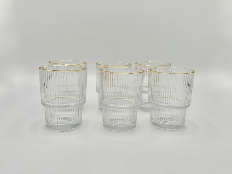 Set of 6 Ribbed Gold Rim Tumblers Clear 6.5 oz