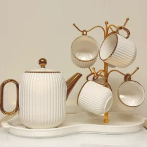 8-piece-ribbed-ceramic-tea-set-gold-trim 8-Piece Ribbed Ceramic Tea Set with Gold Trim - Teapot, 6 Cups & Tray