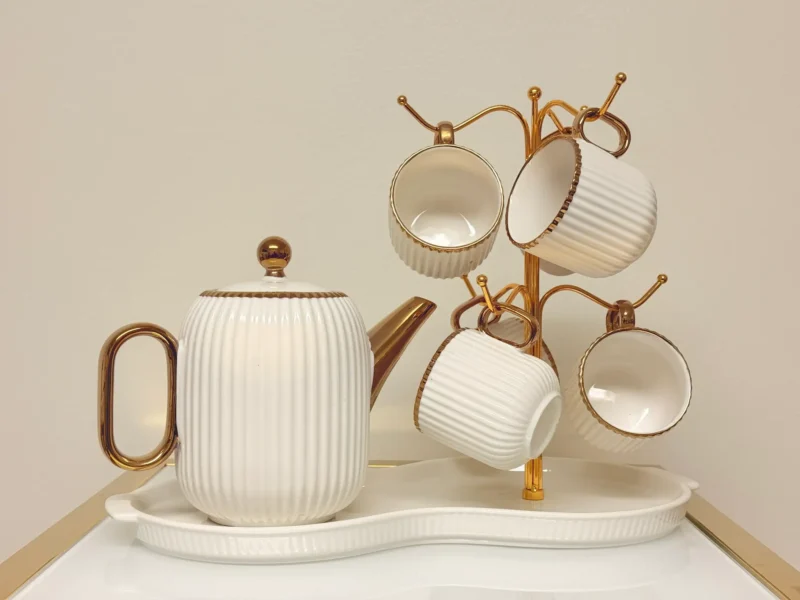 8-piece-ribbed-ceramic-tea-set-gold-trim 8-Piece Ribbed Ceramic Tea Set with Gold Trim - Teapot, 6 Cups & Tray