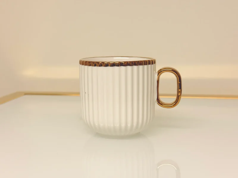 8-piece-ribbed-ceramic-tea-set-gold-trim-cup 8-Piece Ribbed Ceramic Tea Set with Gold Trim - Teapot, 6 Cups & Tray