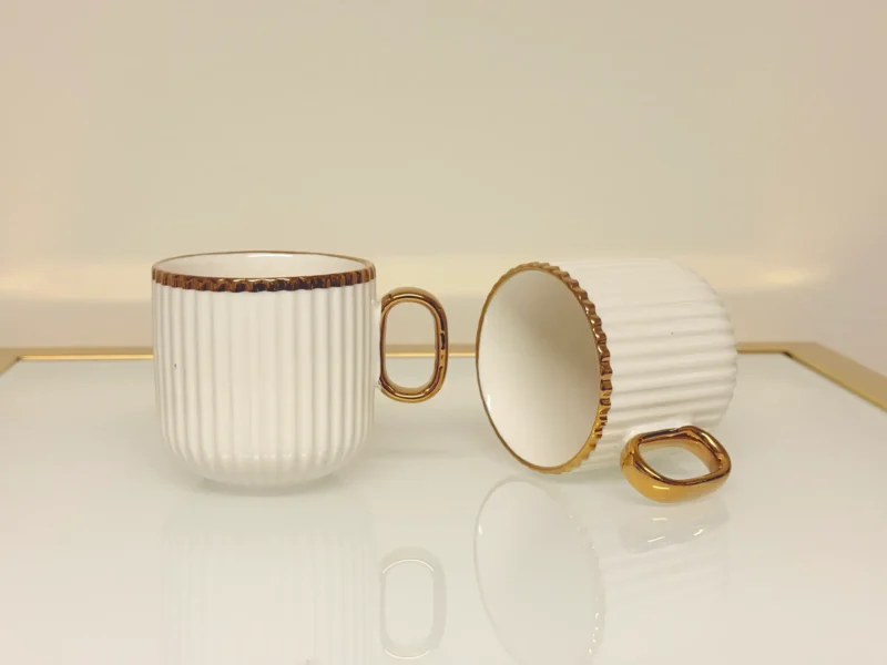 8-piece-ribbed-ceramic-tea-set-gold-trim-cups 8-Piece Ribbed Ceramic Tea Set with Gold Trim - Teapot, 6 Cups & Tray