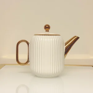 8-piece-ribbed-ceramic-tea-set-gold-trim-teapot 8-Piece Ribbed Ceramic Tea Set with Gold Trim - Teapot, 6 Cups & Tray