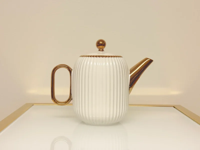 8-piece-ribbed-ceramic-tea-set-gold-trim-teapot 8-Piece Ribbed Ceramic Tea Set with Gold Trim - Teapot, 6 Cups & Tray