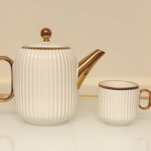 8-piece-ribbed-ceramic-tea-set-gold-trim-teapot-cup 8-Piece Ribbed Ceramic Tea Set with Gold Trim - Teapot, 6 Cups & Tray