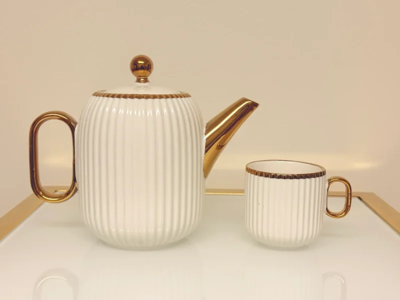 8-piece-ribbed-ceramic-tea-set-gold-trim-teapot-cup 8-Piece Ribbed Ceramic Tea Set with Gold Trim - Teapot, 6 Cups & Tray