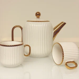 8-piece-ribbed-ceramic-tea-set-gold-trim-teapot-cups 8-Piece Ribbed Ceramic Tea Set with Gold Trim - Teapot, 6 Cups & Tray